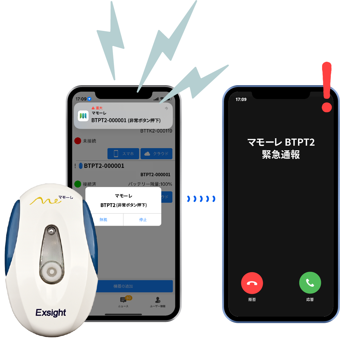 緊急通報ペンダントBTPT2とスマートフォン